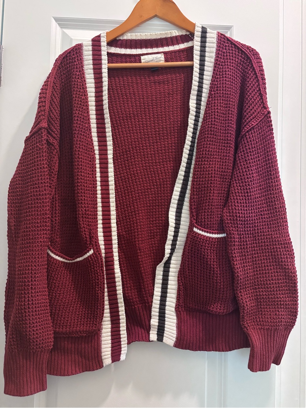 Universal Thread Maroon Open-Front Waffle Knit Cardigan with Stripe Trim